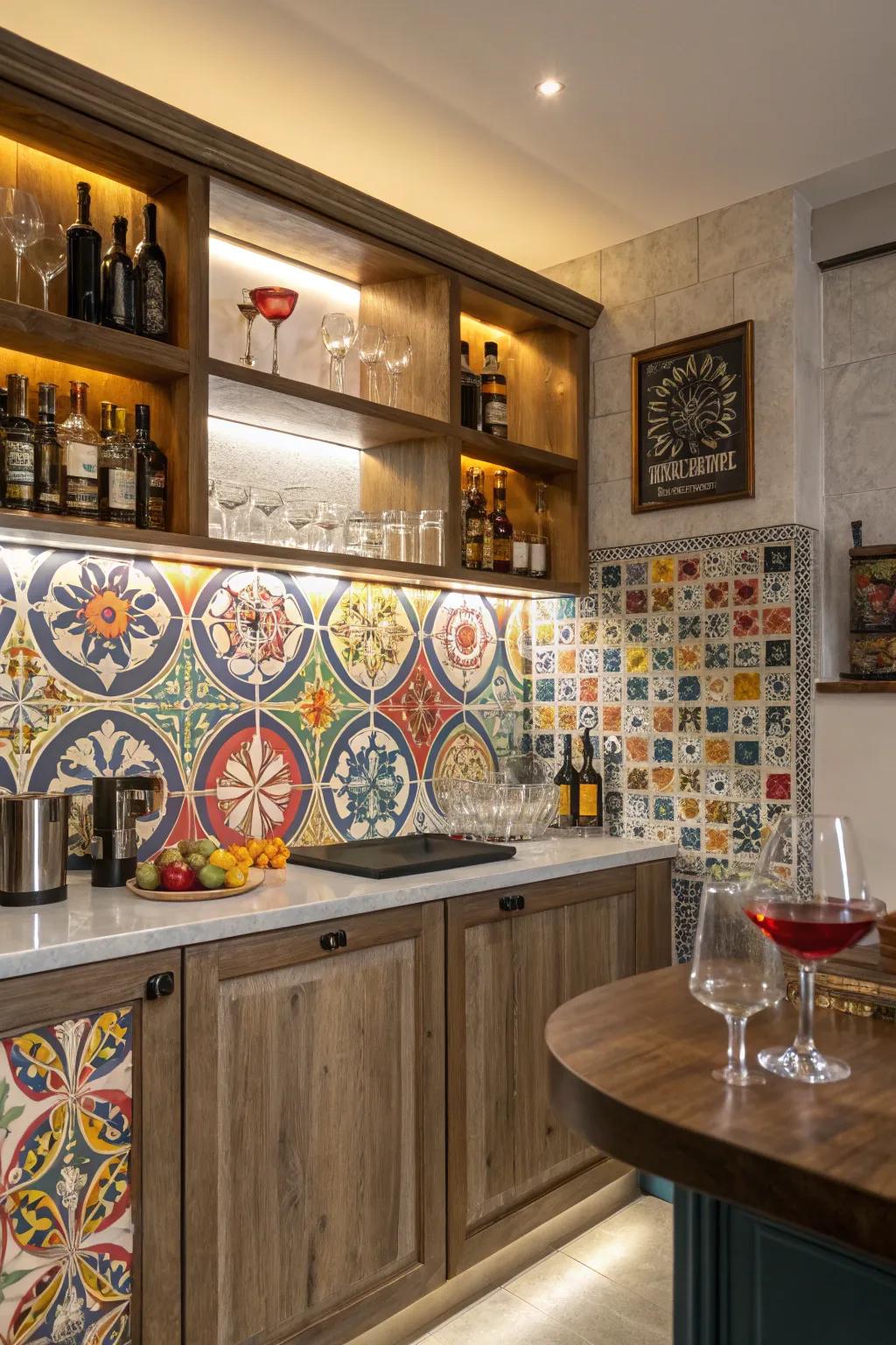 An innovative backsplash adds a unique and personal touch to your home bar.