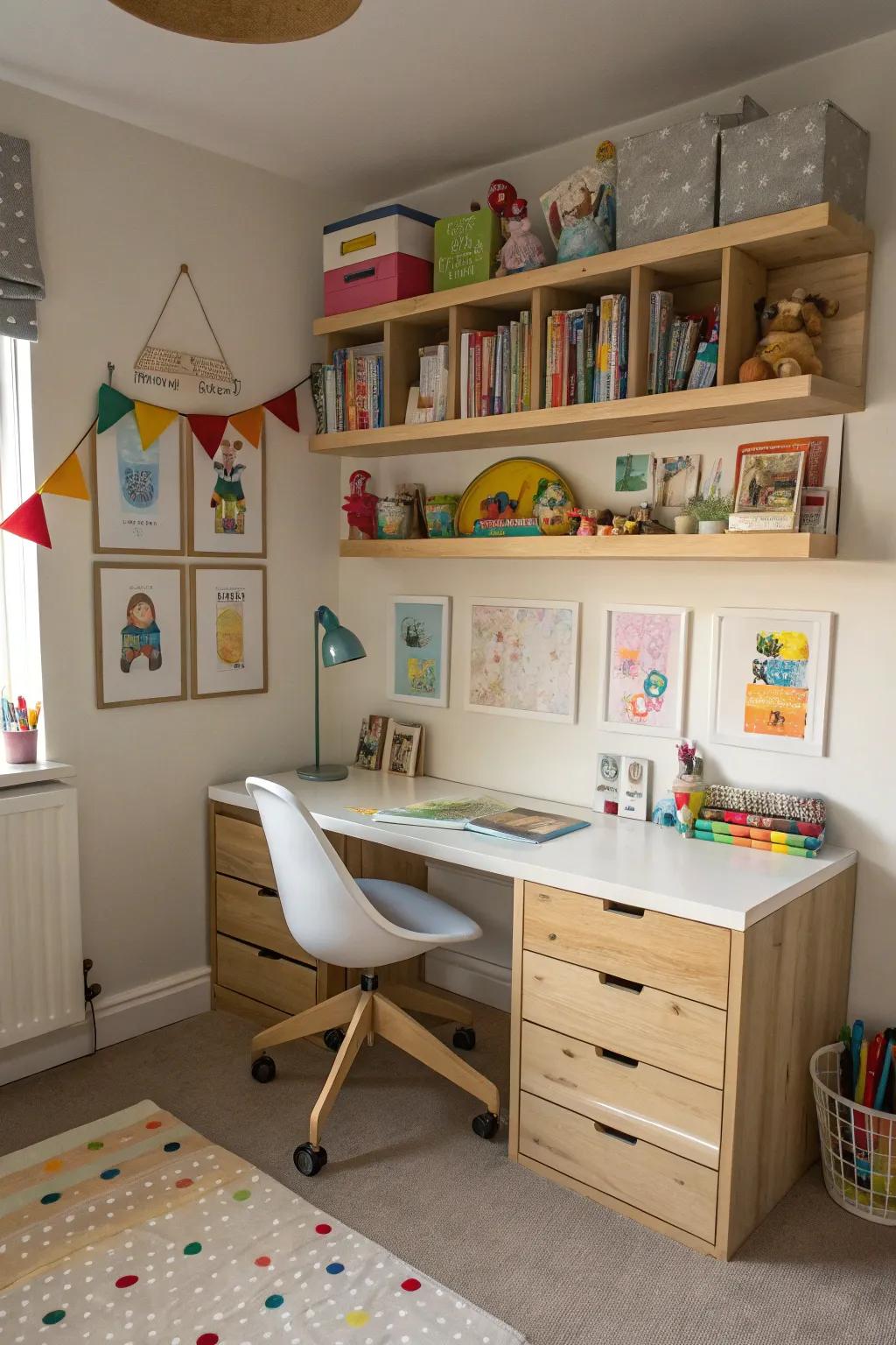 Wall-mounted desks offer a functional workspace without taking up floor space.