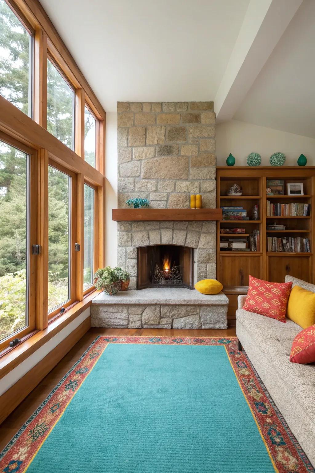 Natural light near the fireplace improves the area's warmth and inviting atmosphere.