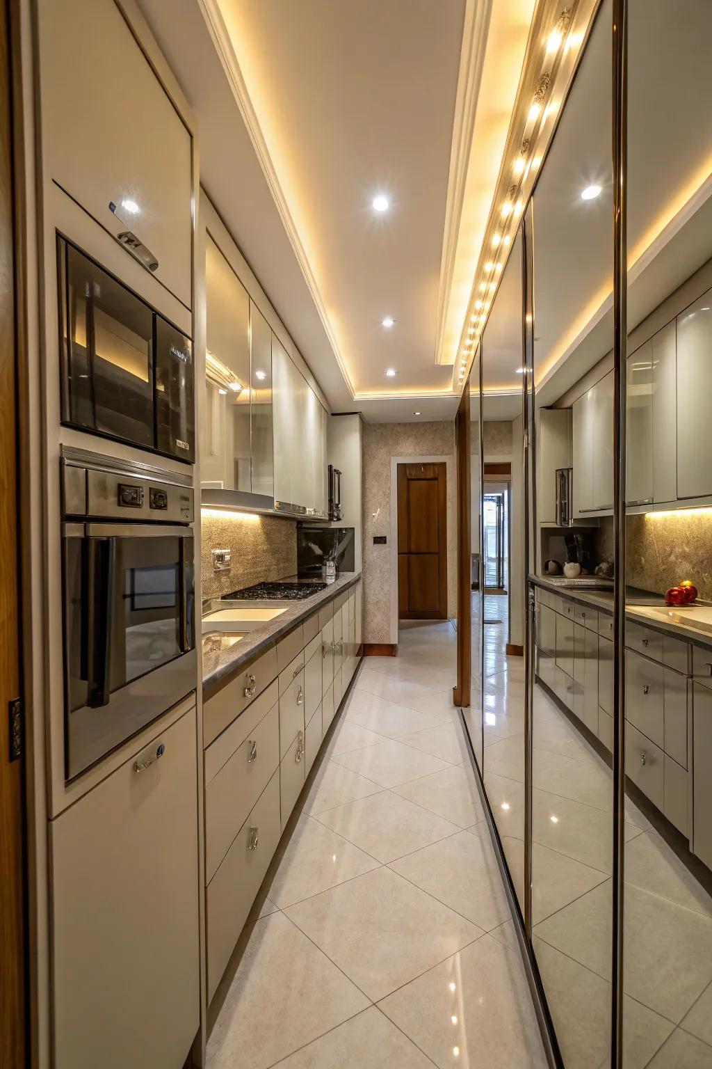 Mirrored surfaces produce an illusion of a more expansive area.