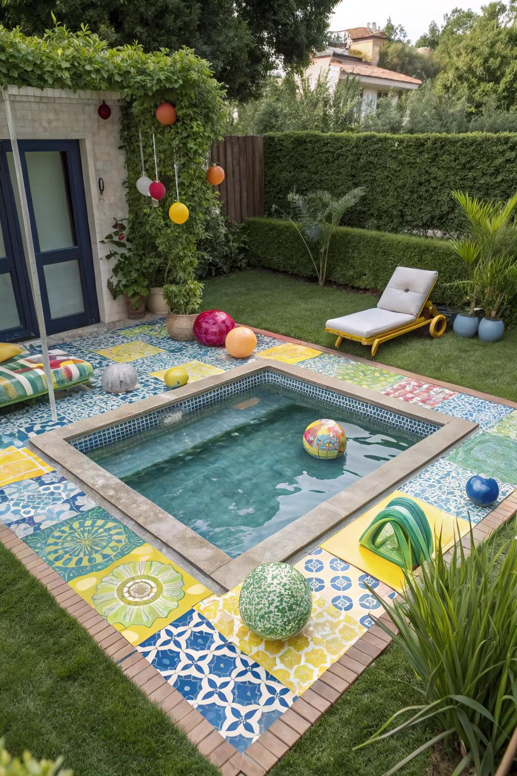 Colorful tiles and accessories add personality and vibrancy to the pool space.