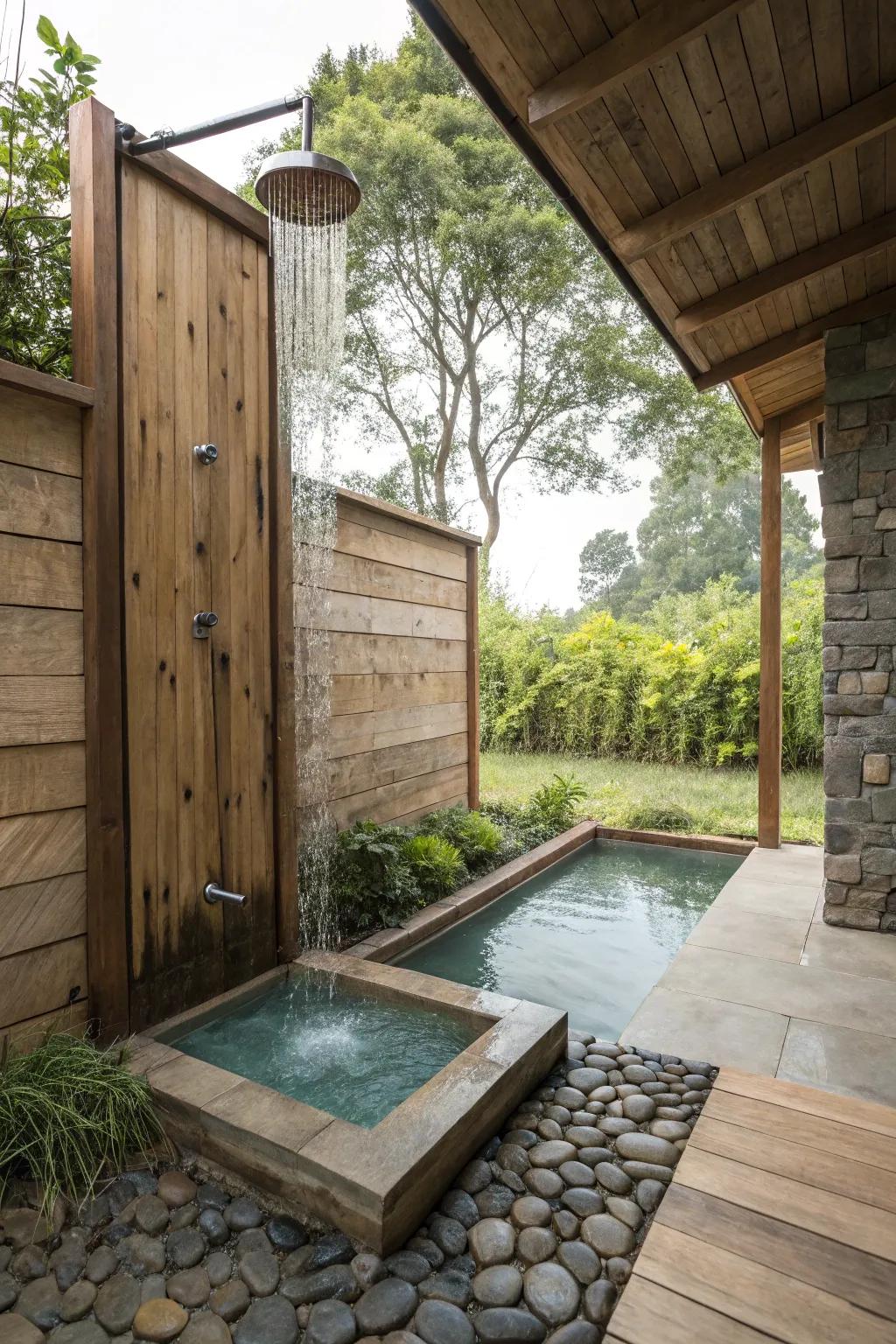 Exterior showers append both utility and flair to basin zones.