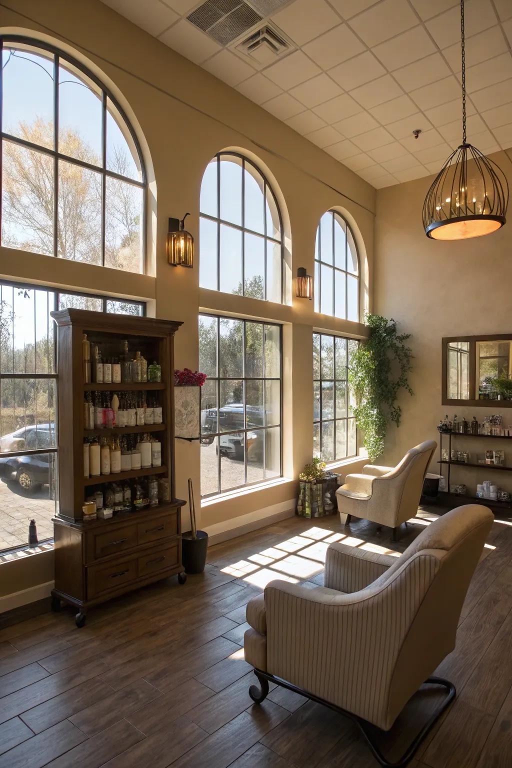 Extensive natural light boosting the salon’s openness.