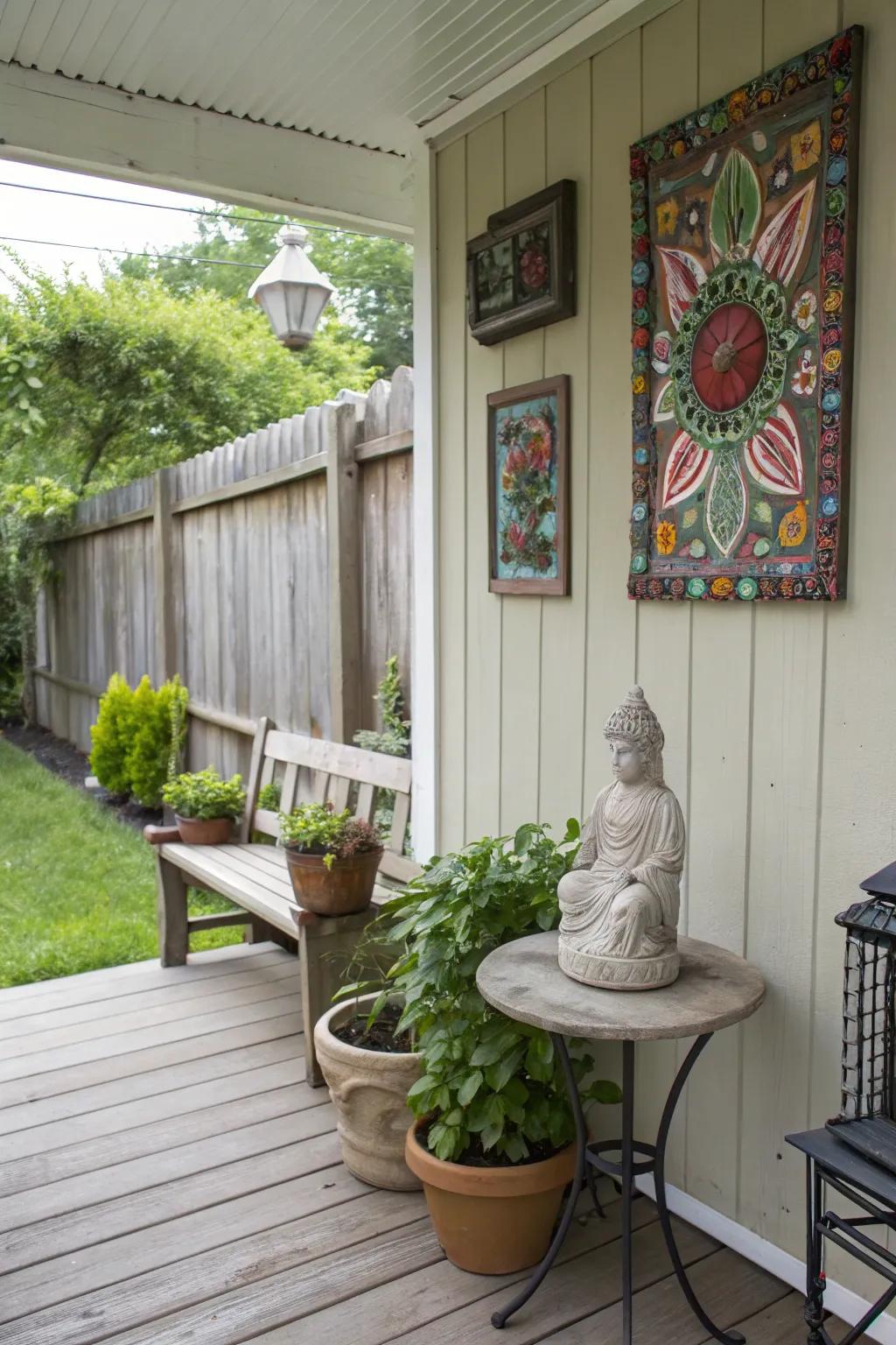 A side porch showcasing a small sculpture and charming wall art.