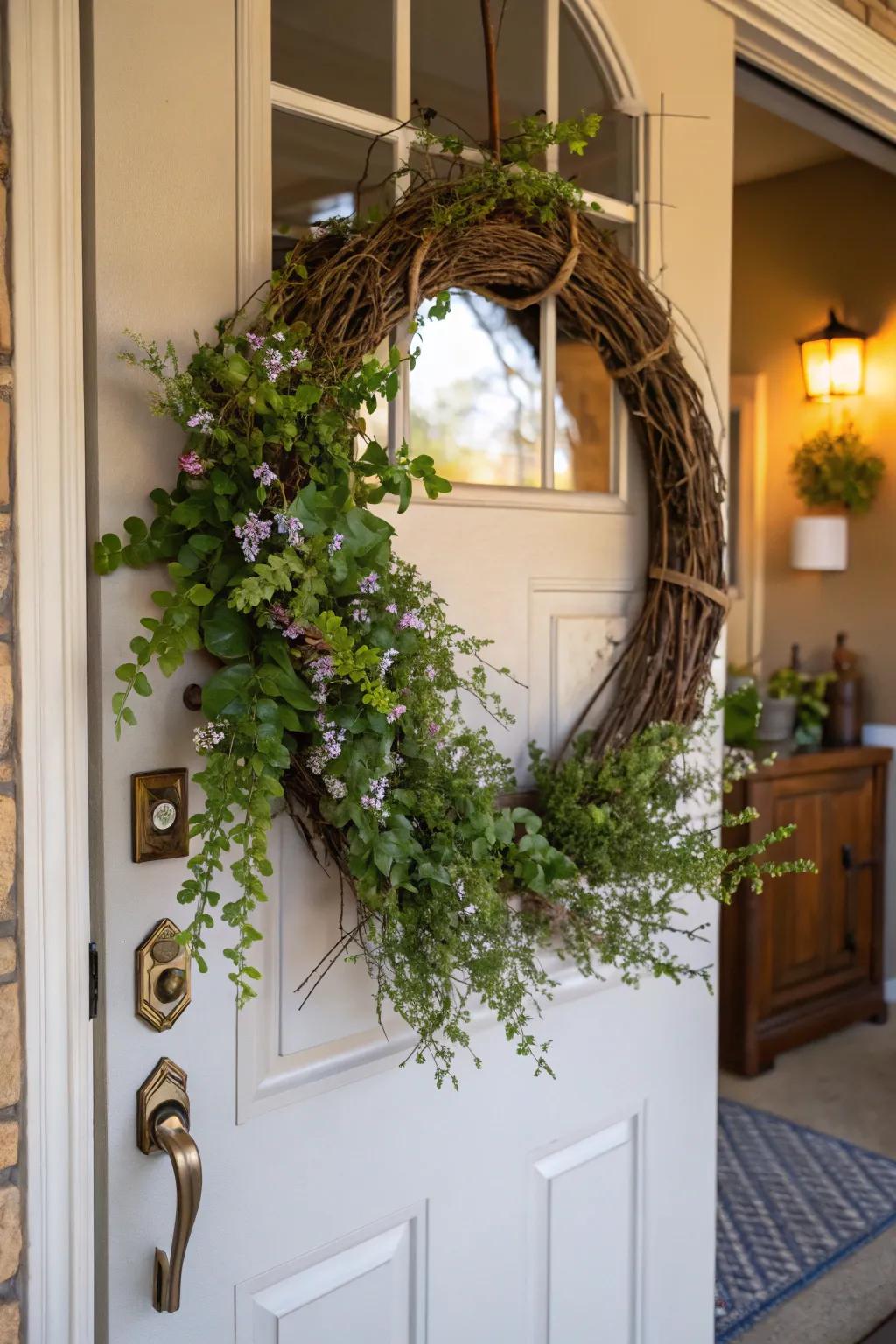 A branch ring with flowers offers a warm and homespun welcome.