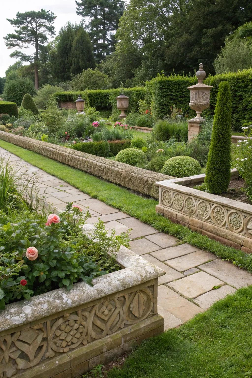 Ornamental rock borders that define and beautify garden spaces.