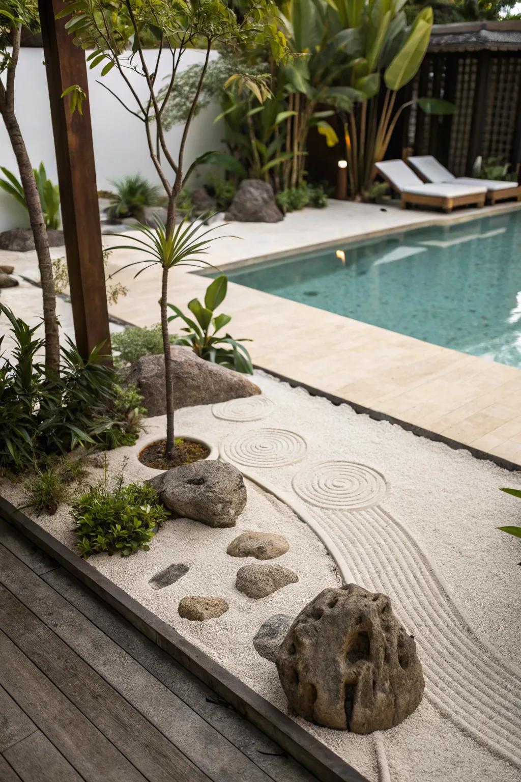 A contemplative garden area delivers tranquility and a spot for meditation.