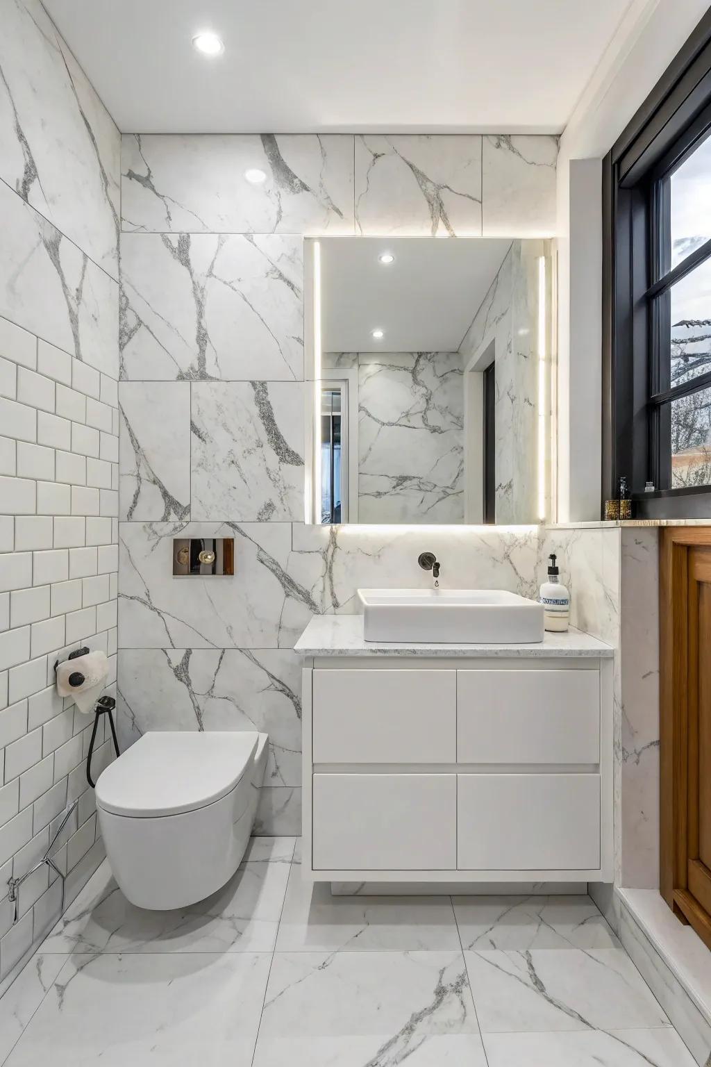 Marble accent walls add dramatic flair and elegance.
