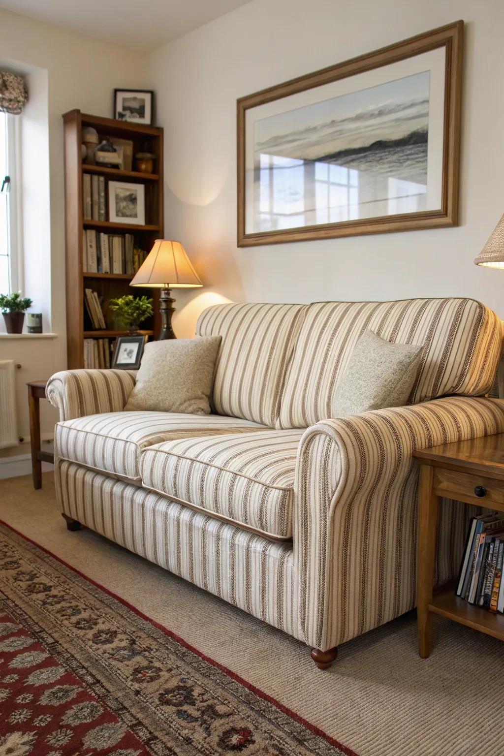 Vertical lines on a couch conjure the perception of height.