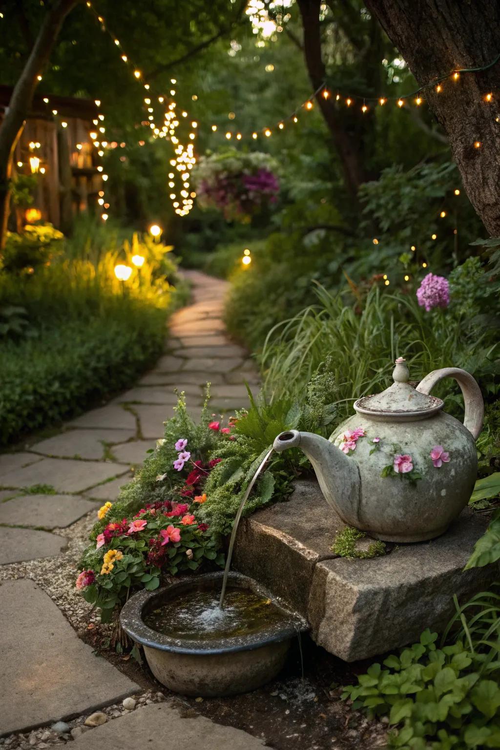 A whimsical sun-driven fountain made from a vintage teapot.