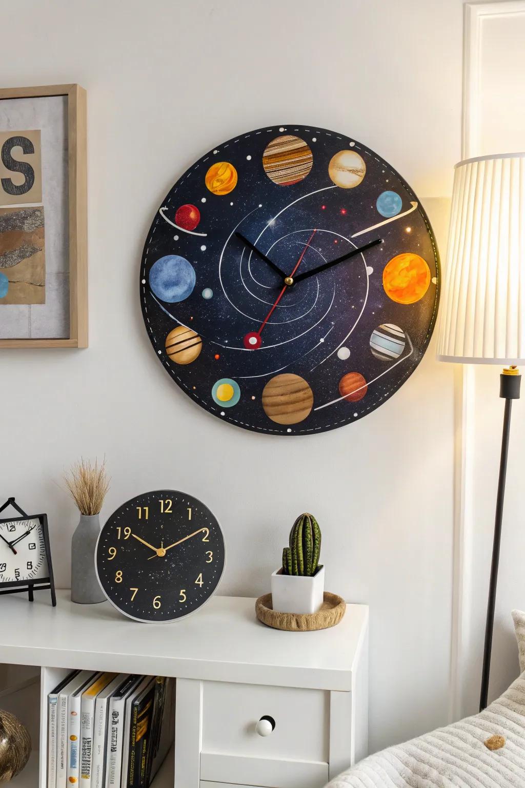 Space-themed wall clocks blend functionality with cosmic design.