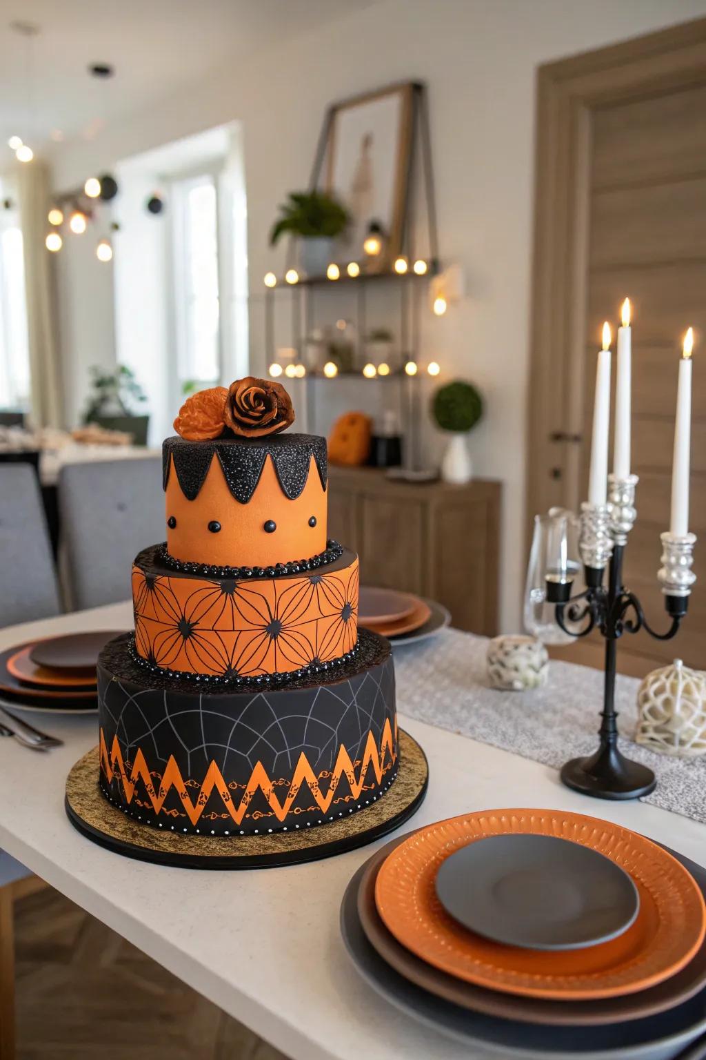 Striking shadow and orange themed spider cake.
