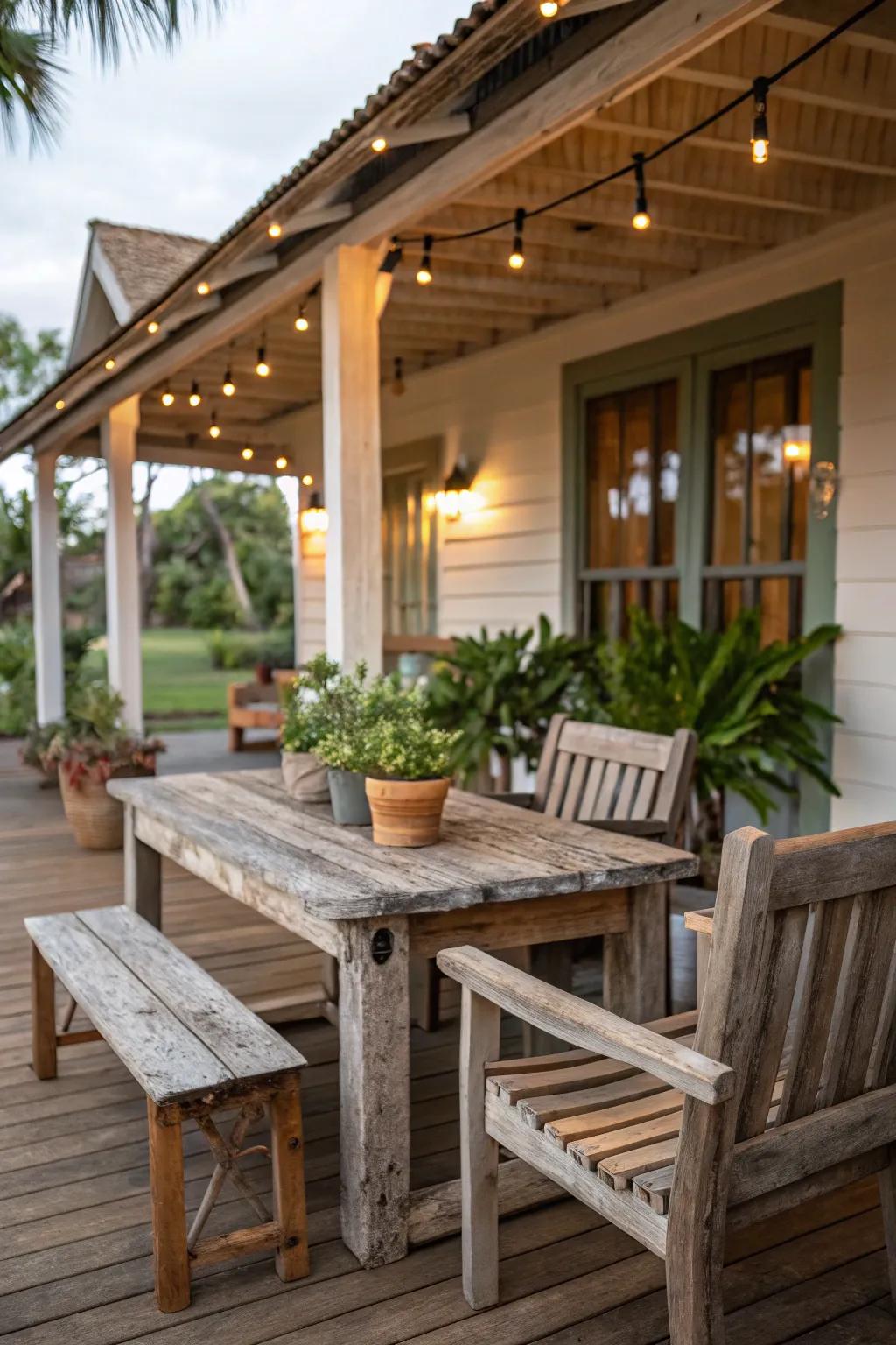 Reclaimed timber furnishings infuse rustic allure and sustainability into your porch.