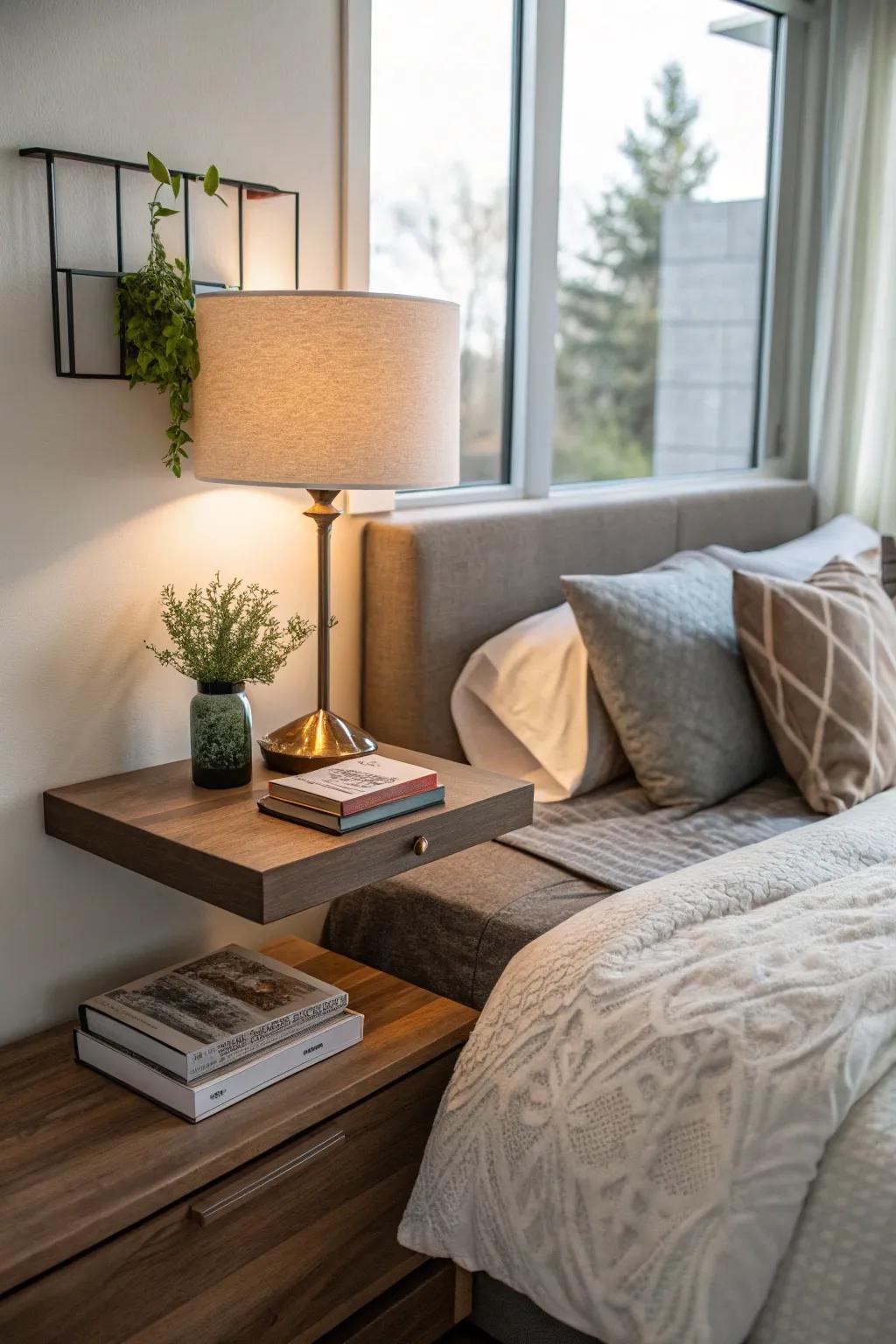 Minimalist boudoir featuring a shelf as nightstand.