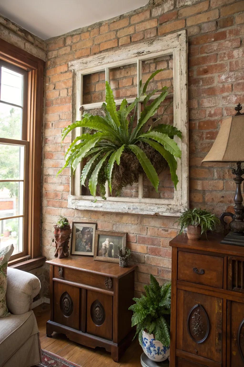An antique glass overlay furnishes a charming, historical mount for a staghorn fern.