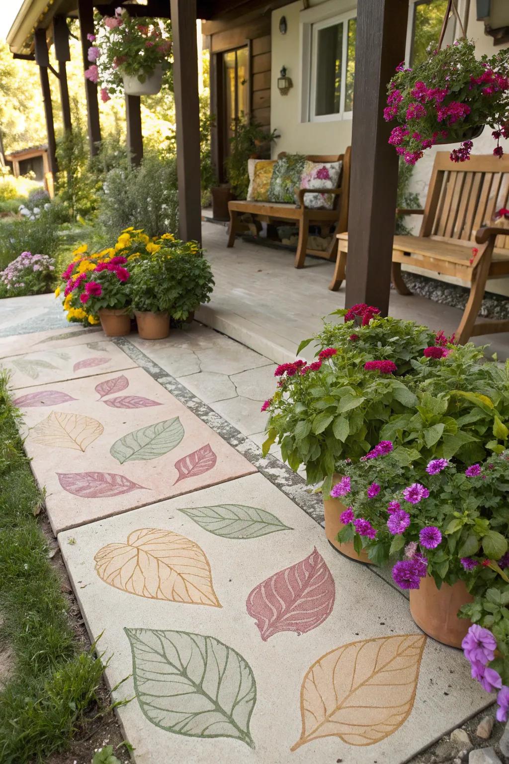 A playful patio with whimsical leaf designs on tinted concrete.