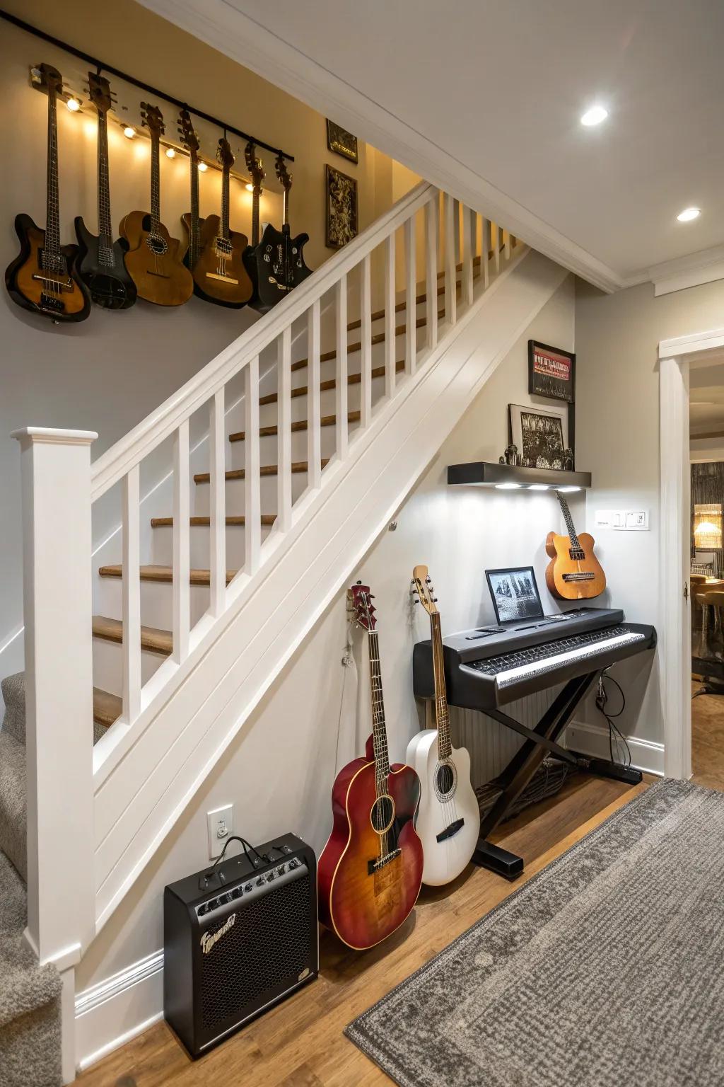 Harmonize your home with musical instrument storage under the stairs.