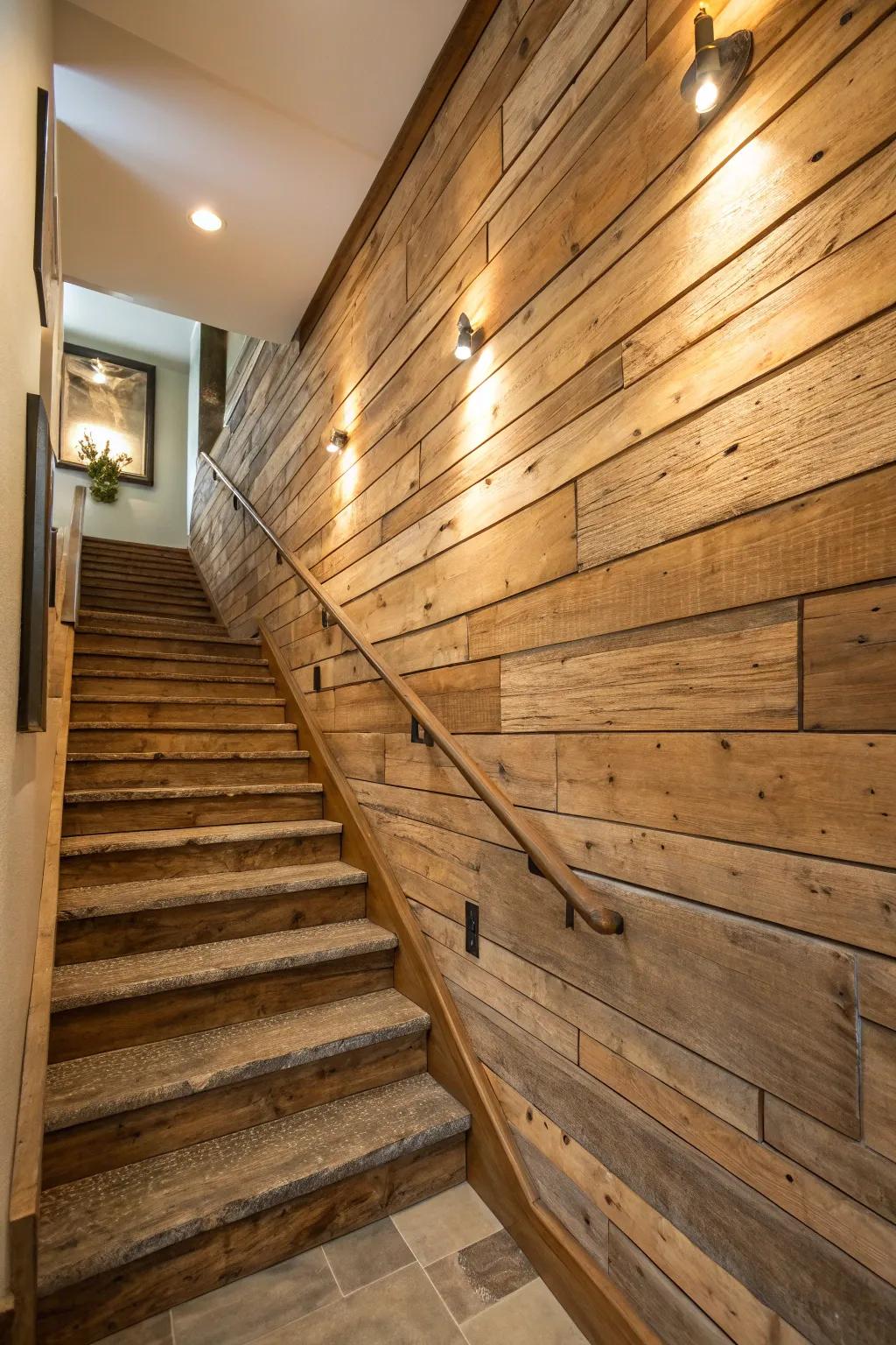 Country wood accents establish a warm and inviting ambiance on staircase walls.