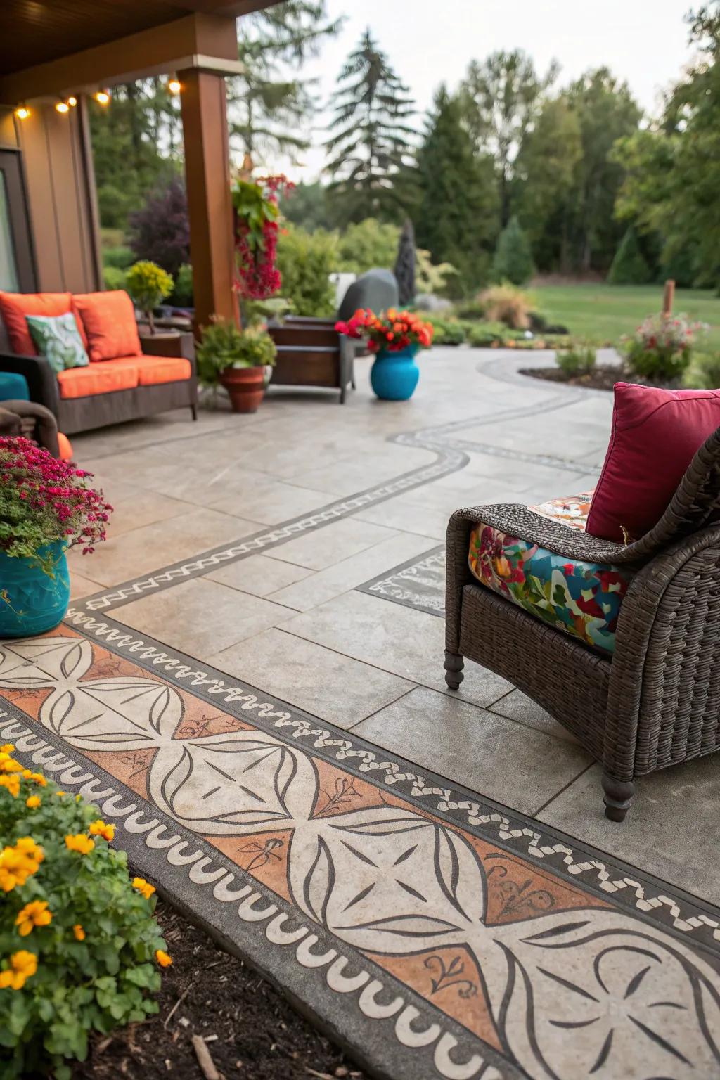 Patio featuring abstract artistic design stamped concrete border