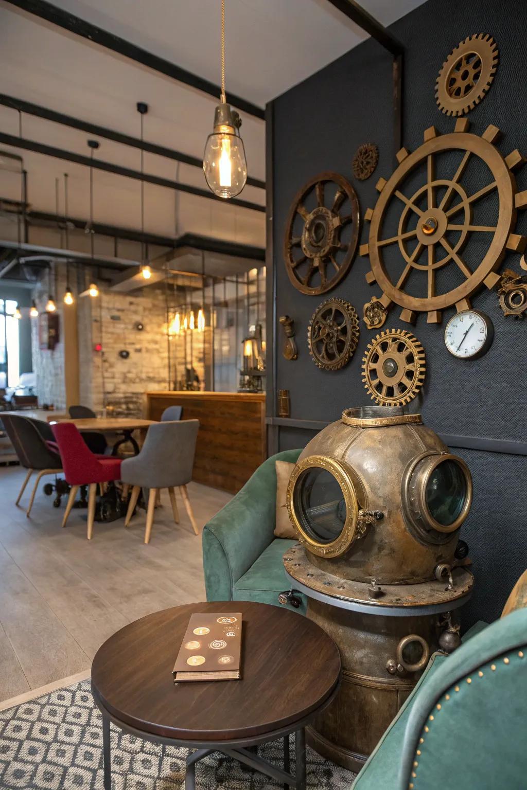 Unusual steampunk decor elements, like this timeless diving helmet, spark curiosity.