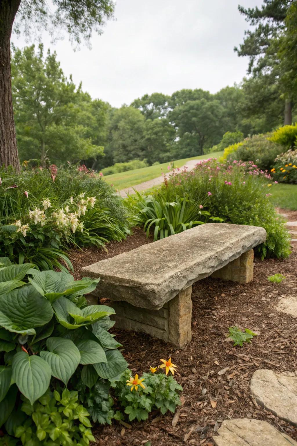 Relax and savor your garden on an organic stone bench.