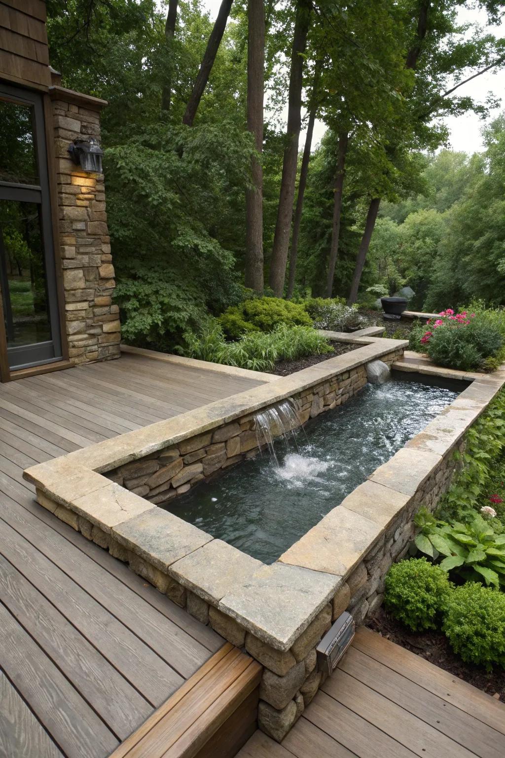 A serene deck featuring stone cladding with a soothing water element.