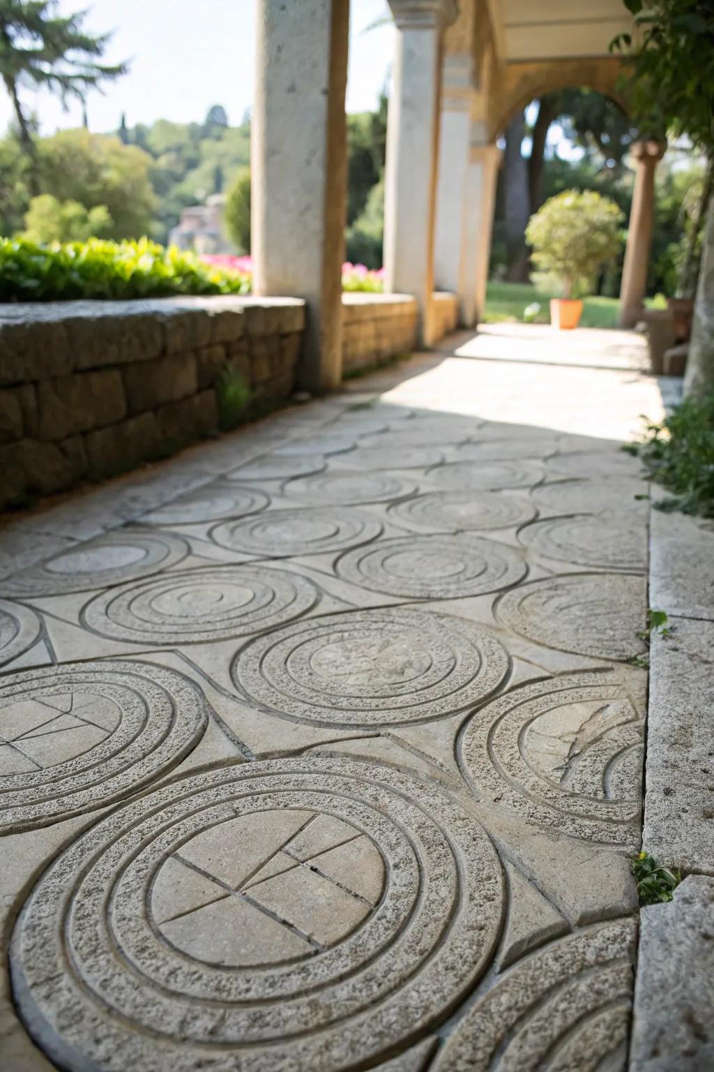 A stone patio that shows energetic loop designs.