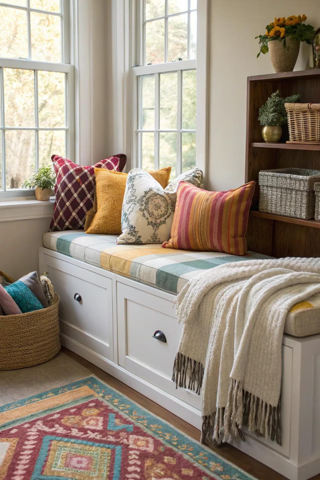A living area featuring a storage bench.