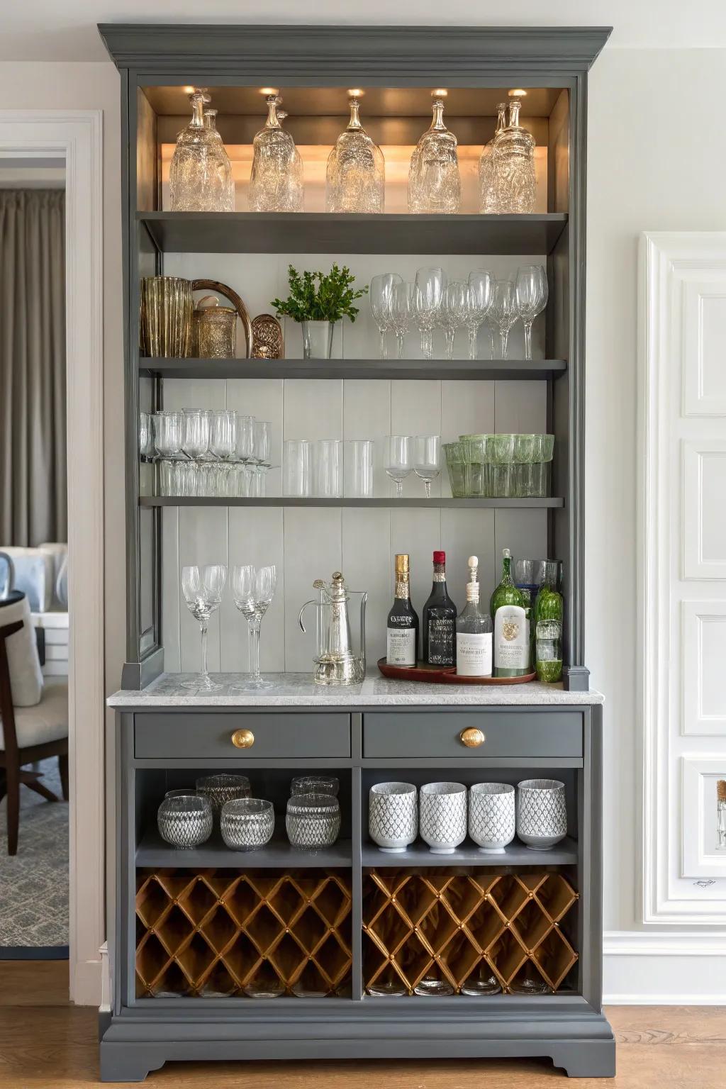 Reimagined bookshelves grant ample space for stylish glass storage.