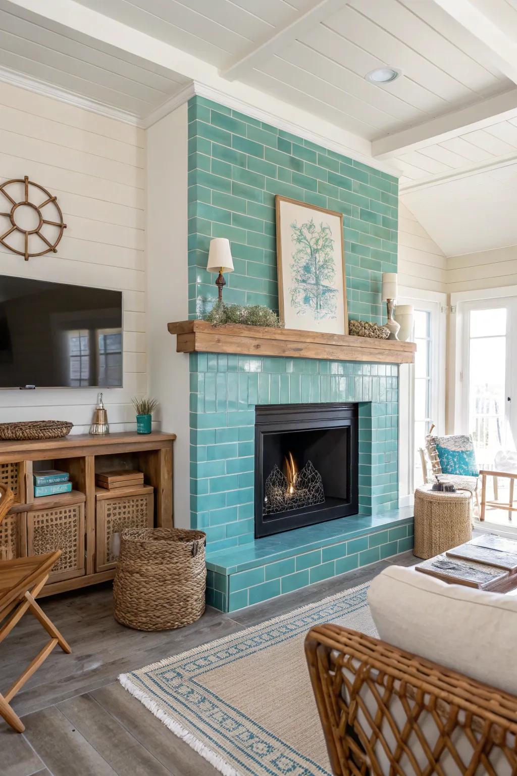 Blue-green rectangular tiles introduce a refreshing spin to this coastal living room.