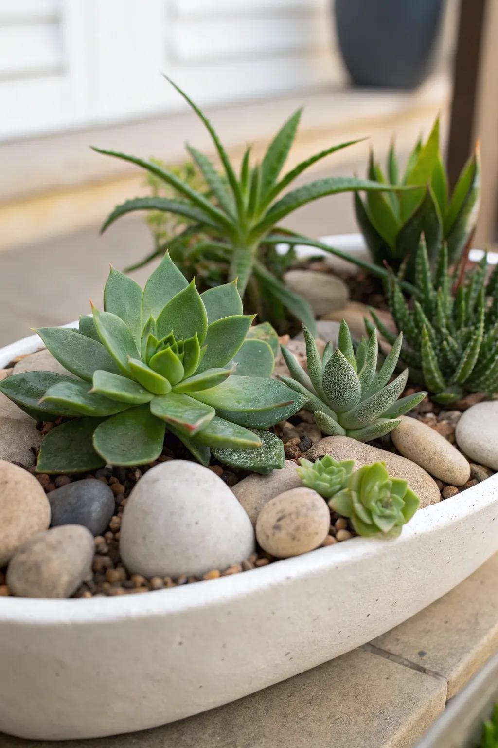 Elegance converges with nature: succulents alongside inherent stones.