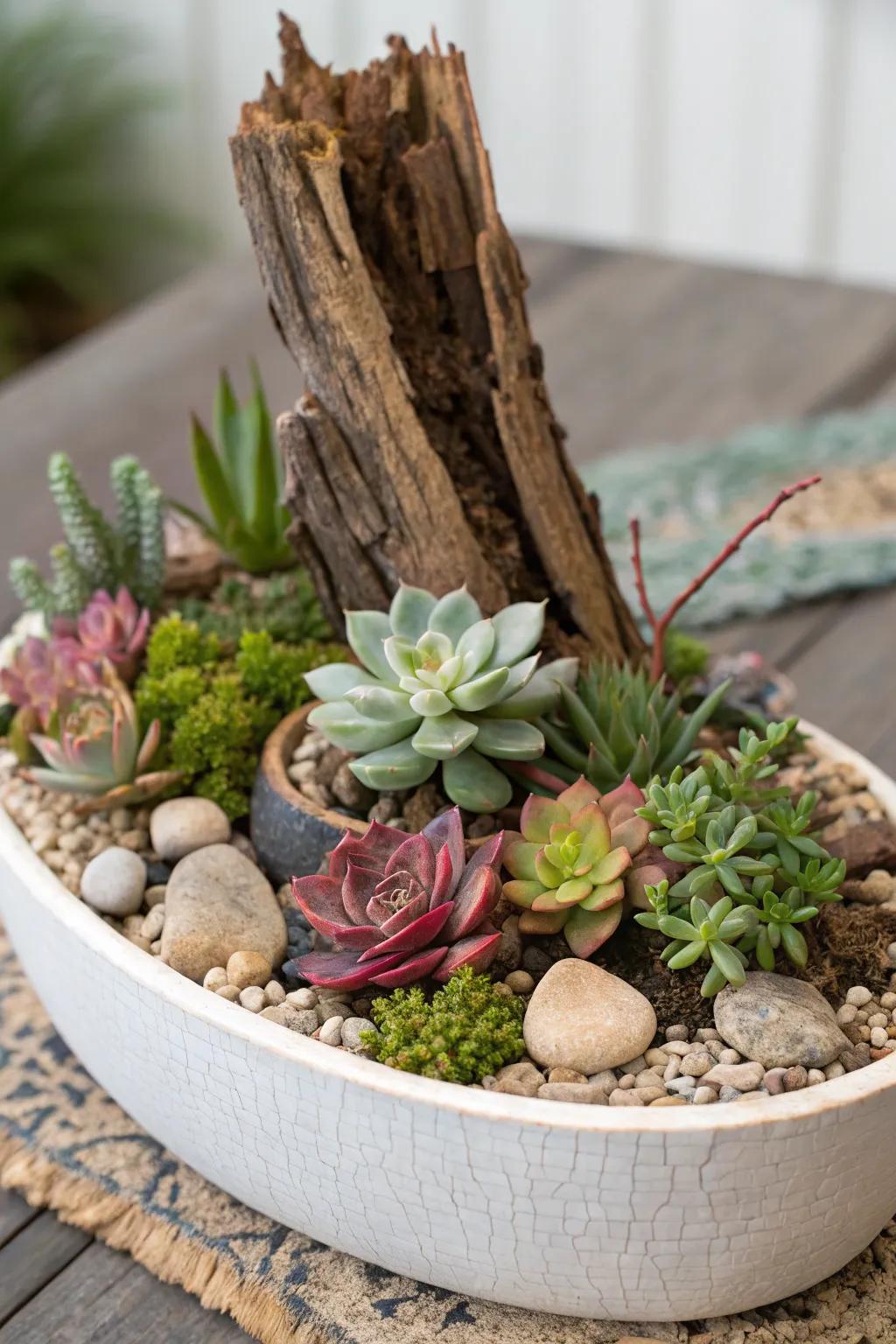 An eclectic succulent garden adorned with textural elements.