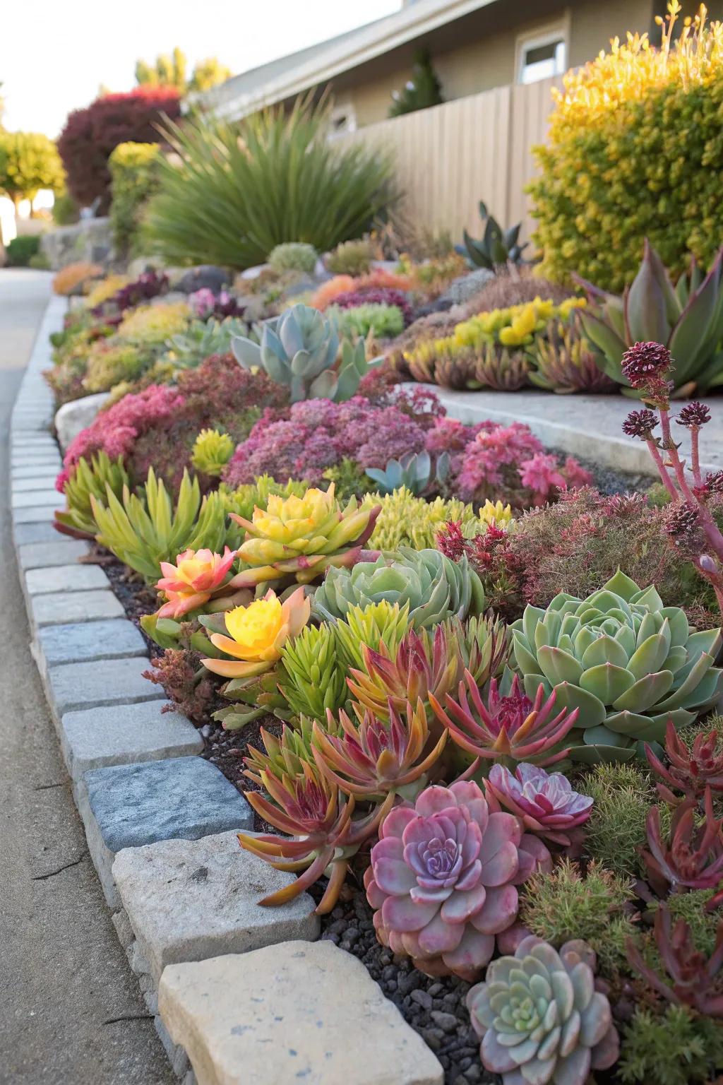 A garden teeming with succulents in striking and vibrant colors.