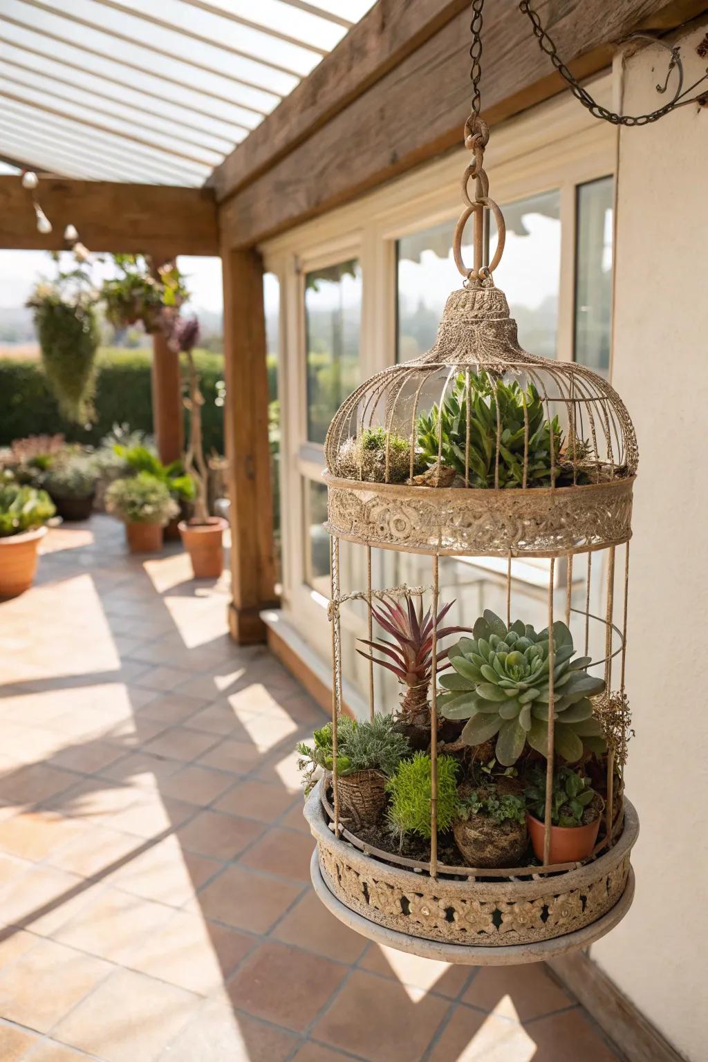 Antique aviaries create enchanting succulent displays.