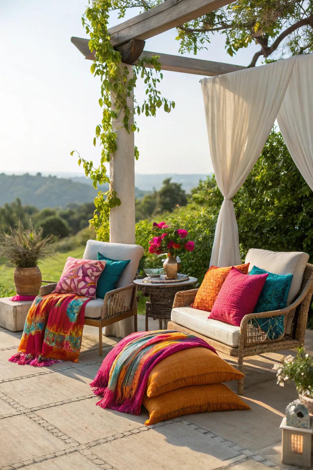 An outdoor seating area with radiant cushions and throws.