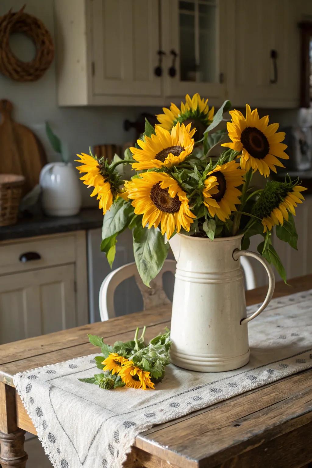 Nostalgic enchantment: sunflowers nestled within a reliquarian ewer.