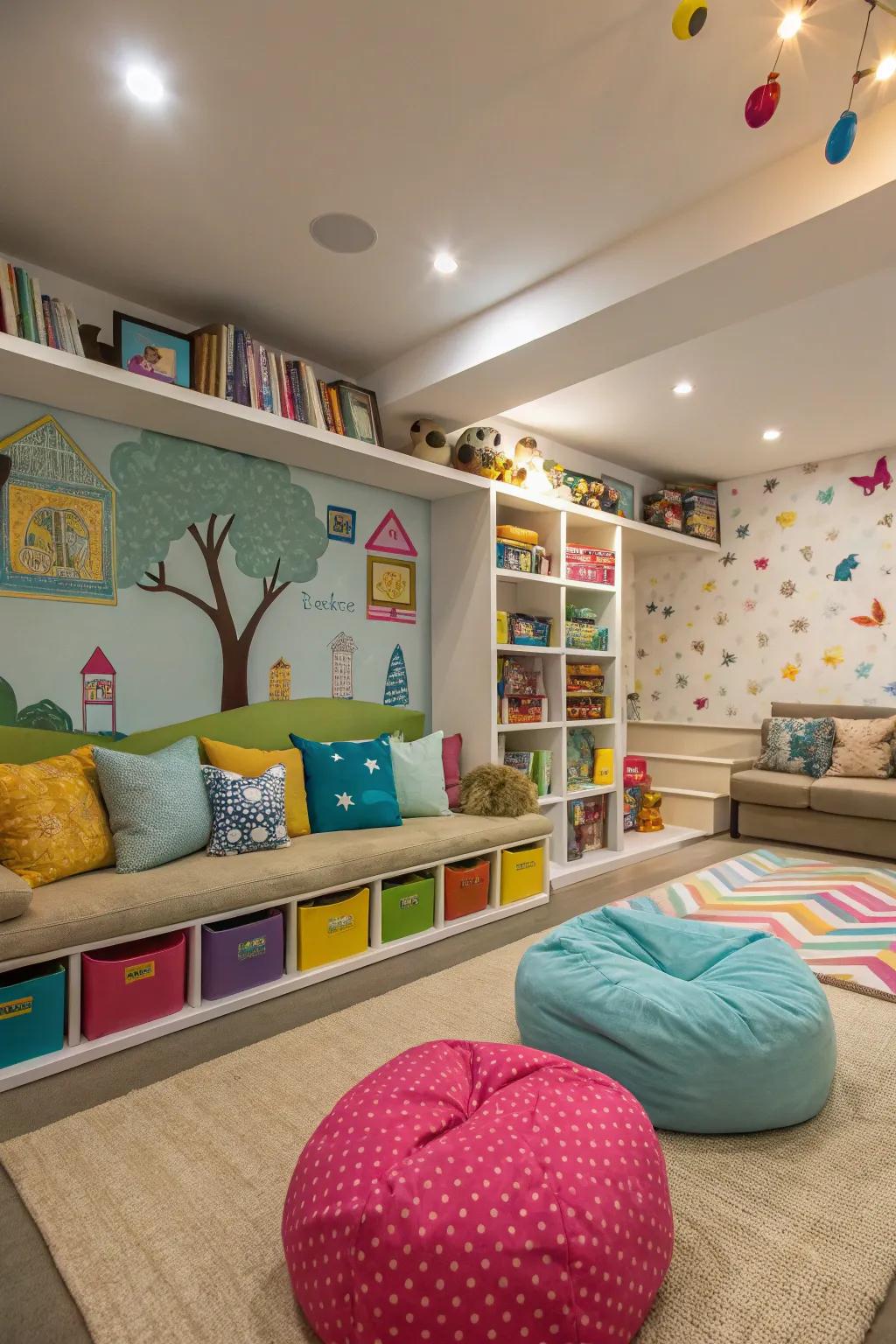 A recessed living room as a fun kids' zone.