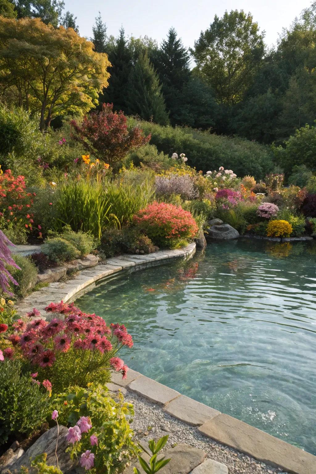 Periodic plantings present year-round beauty and color to the pond space.