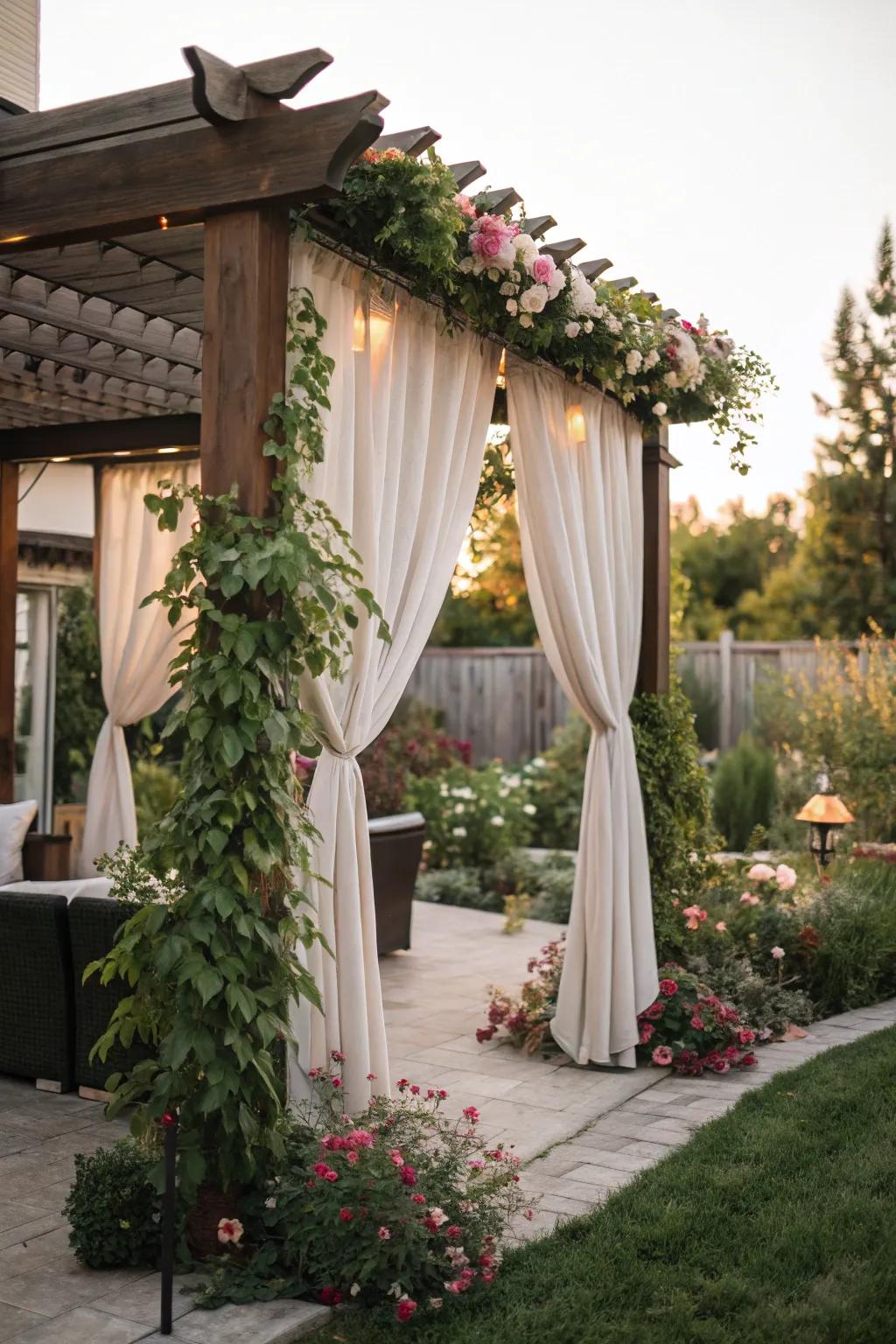 Outdoor drapes adding elegance and privacy to a pergola.