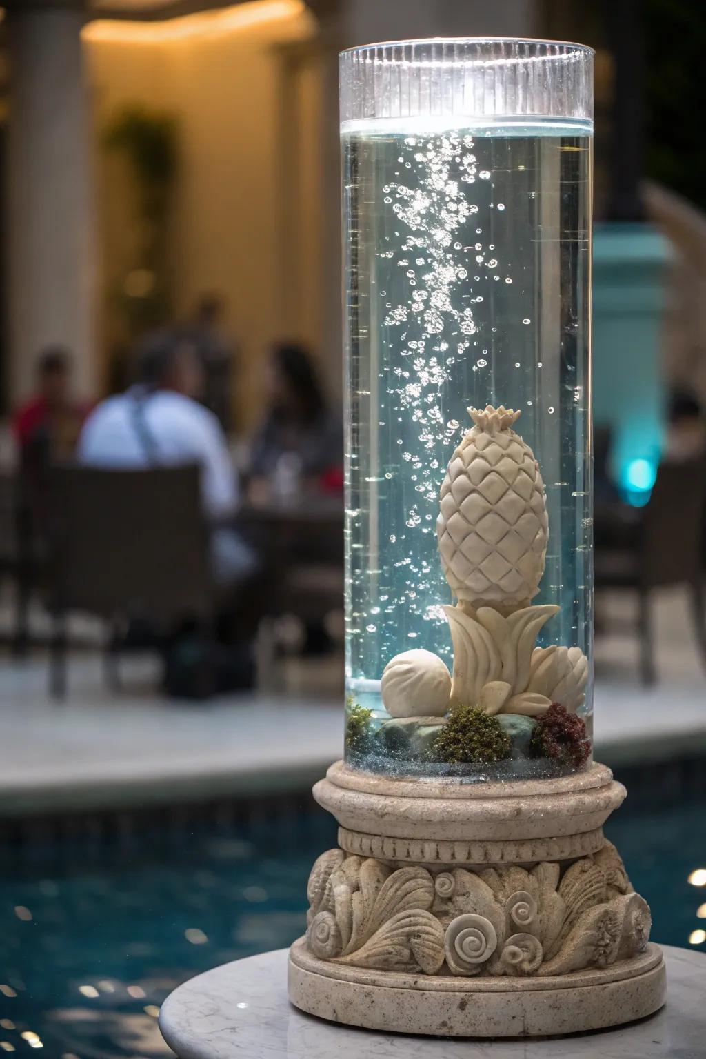 A sculptural focal entity nestled within an elongated aquarium.