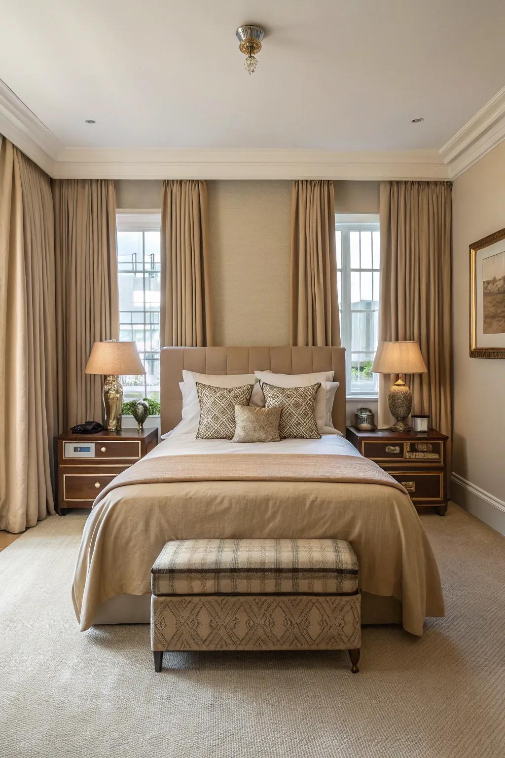 Symmetrical arrangements create a calming balance in the tan bedroom.