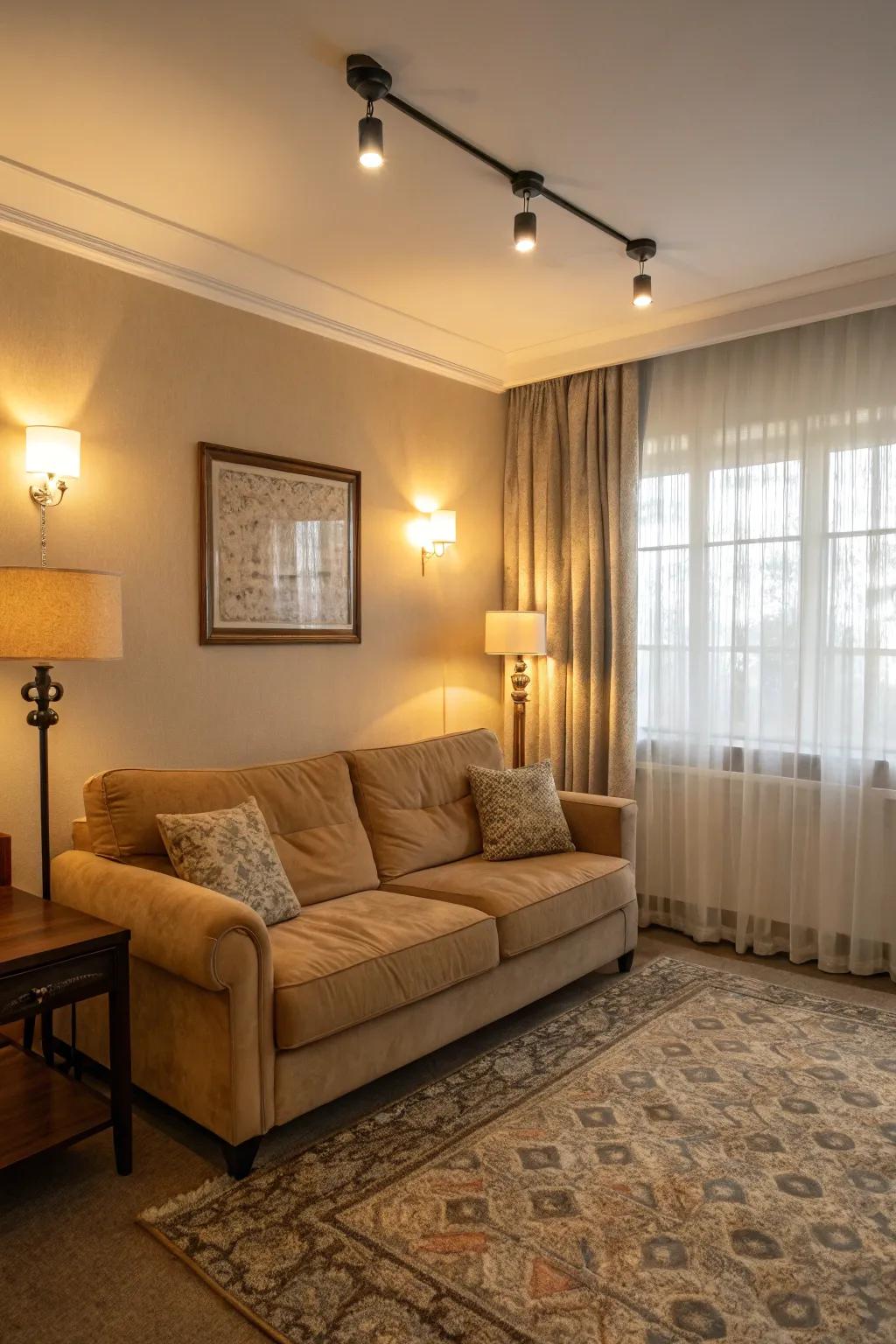 Layered light enhances the mood and accentuates the beige couch.