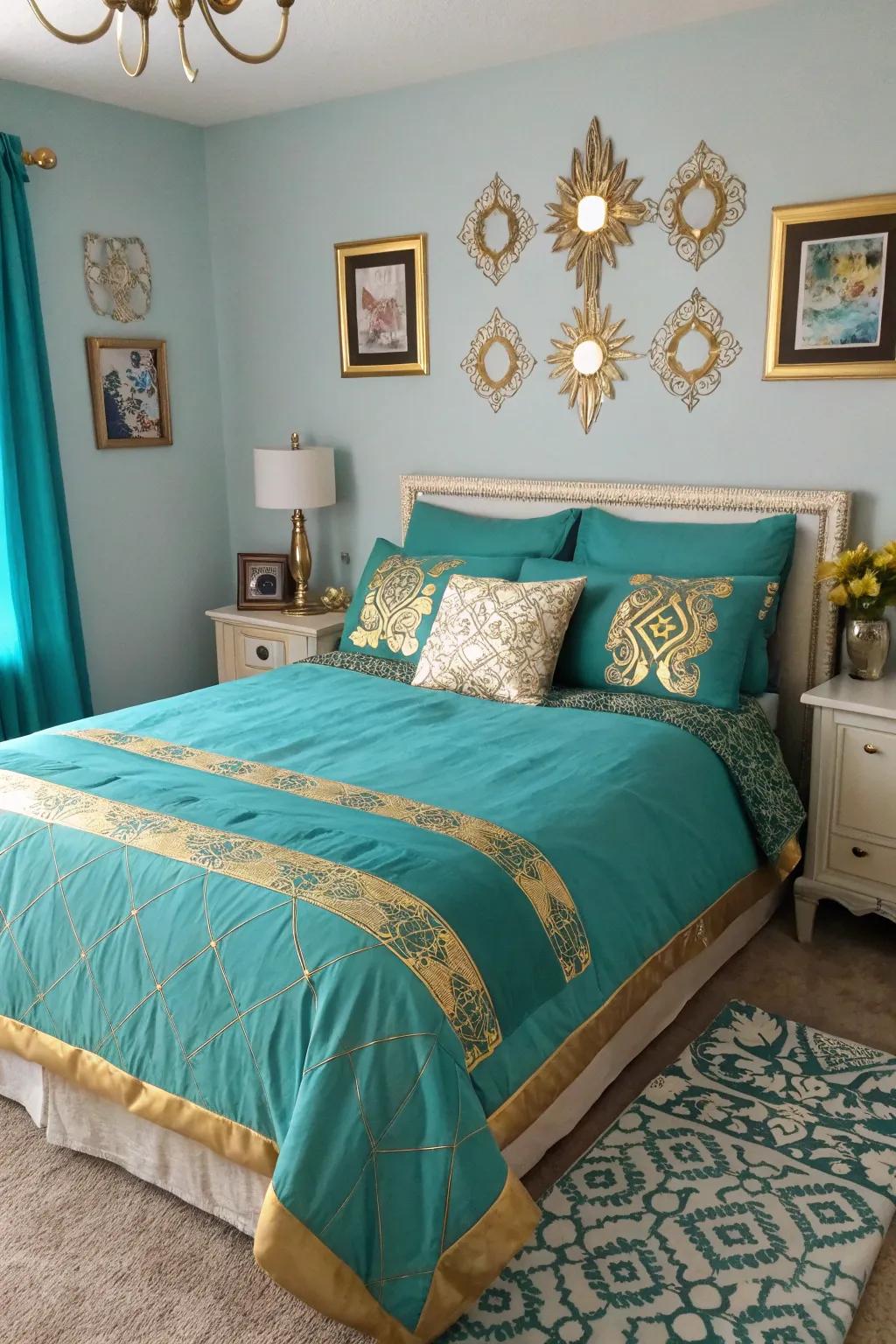 An azure and gilded bedding ensemble instantly rejuvenates the appearance of this bedroom.