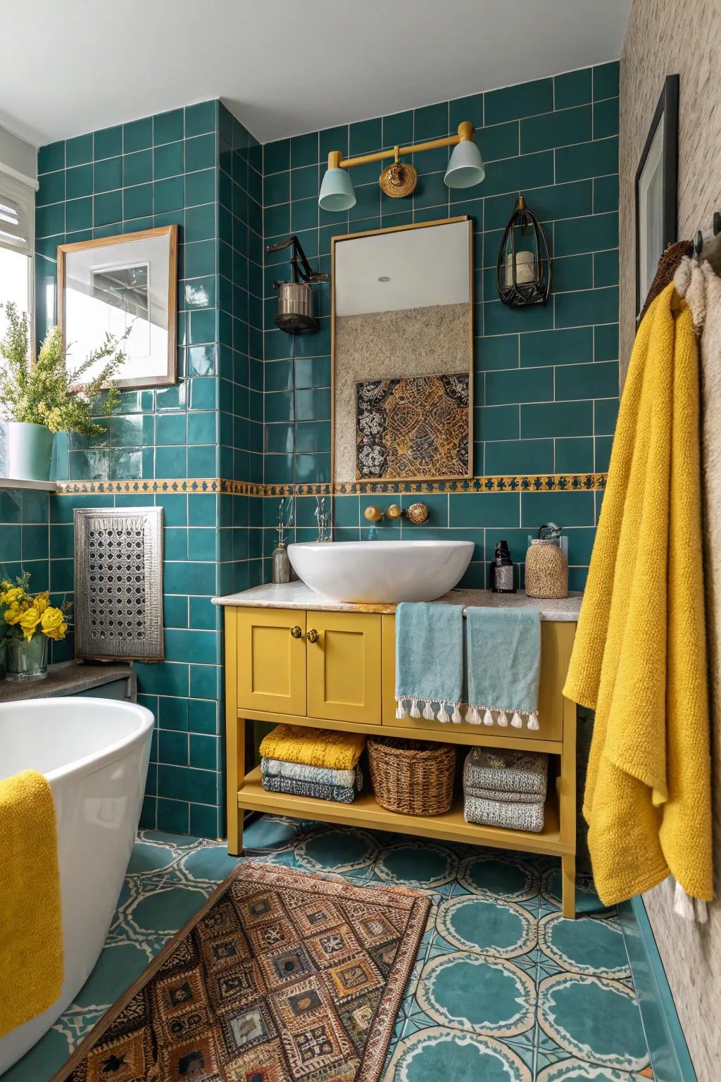 Unusual color pairings with aqua bricks create a bold statement.