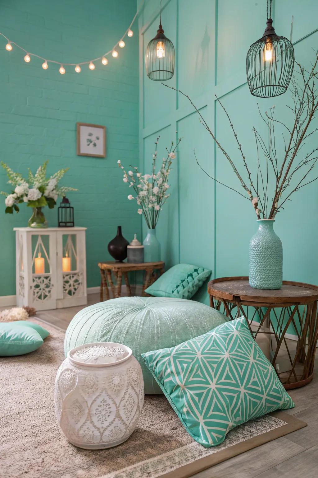 Refreshing and tranquil decor featuring teal and mint.