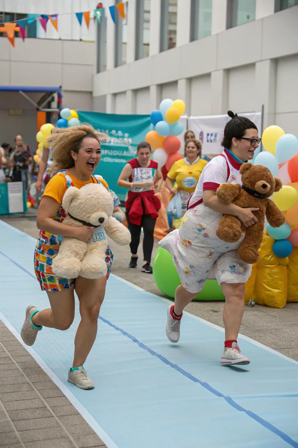 A diaper exchange race using cuddle bears adds laughter to the event.