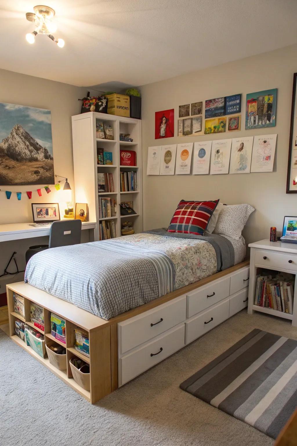 Hidden storage helps keep the room neat and organized.