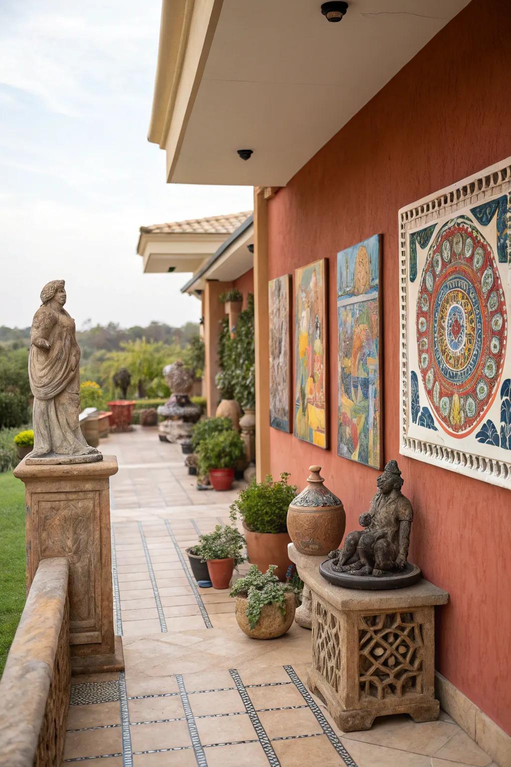 Art pieces can turn patios into outdoor galleries.