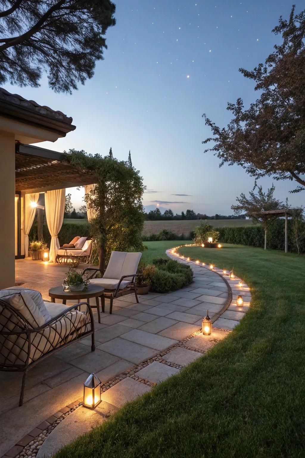 Pathway lights illuminate garden paths beautifully.