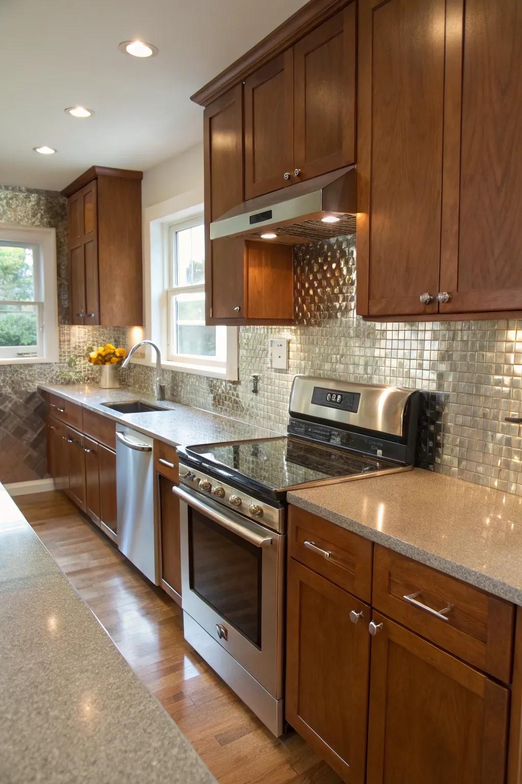 Metallic squares contribute a hint of glam to this modern cooking area.